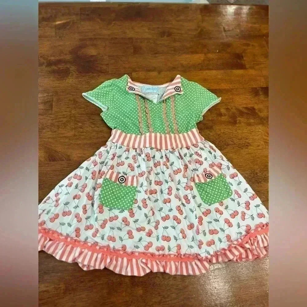 Green & Pink Cherry Print Girls' Dress - Brand: